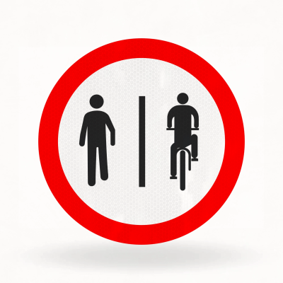 Placa de Trânsito Refletiva – Pedestres à Esquerda e Ciclistas à Direita (R-36b)